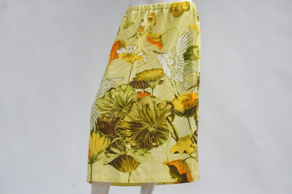 Vintage Homemade Crane Bird Print Barkcloth Midi S
