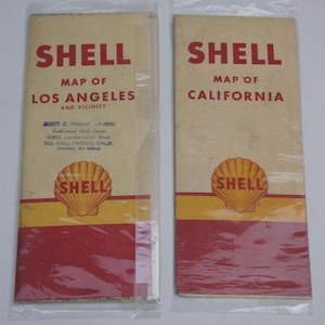 Vintage 50er Jahre Shell Landkarte von Los Angeles und Landkarte Kalifornien Straßen Karten James C. Wright Shell Händler Lankershim Blvd. Hollywood Mid Century