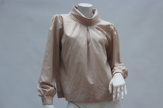 Vintage 80s High Funnel Collar Ruched Blouse High… - image 4