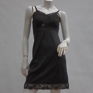 Vintage 60s Black Nylon Lace Trim Slip Dress Negligee Lingerie Goth Retro Cottagecore Boho