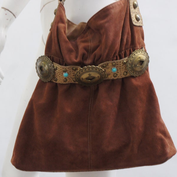 Kathy Van Zeeland Faux Suede Concho Purse shoulder Bag Boho Southwestern Slouchy Handbag Vegan