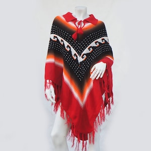 Vintage 70s Knit Southwestern Tribal Fringe Poncho Boho Hippie