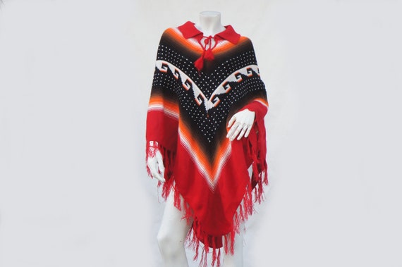 Vintage 70s Knit Southwestern Tribal Fringe Ponch… - image 1