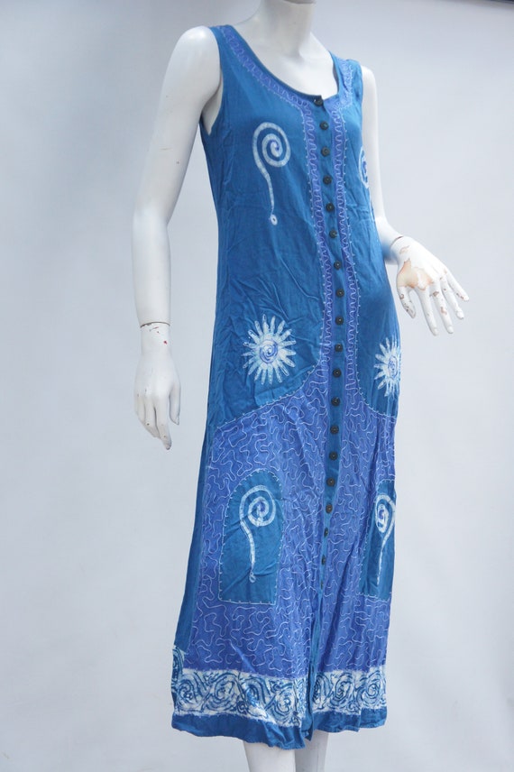Vintage 90s Embroidered Batik Print Maxi Dress Bo… - image 4