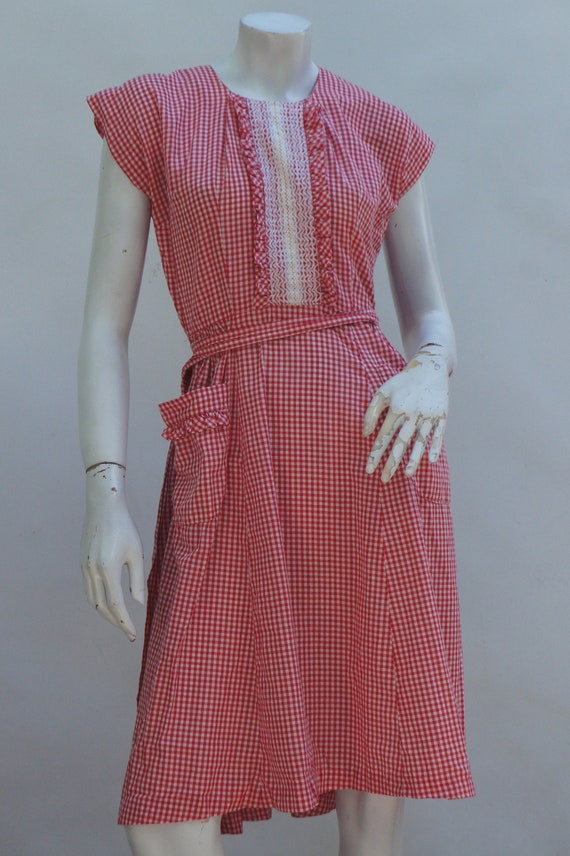 Vintage 40s-50s Gingham Pinafore Apron Dress Retr… - image 7