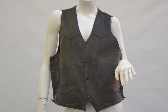 Vintage 70s-80s Men's Black Leather Vest Biker Ro… - image 1