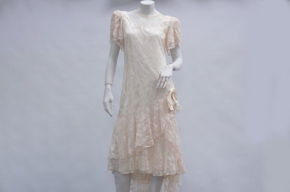 Vintage 80s-90s 30s Style Creme Lace Dress Romant… - image 1