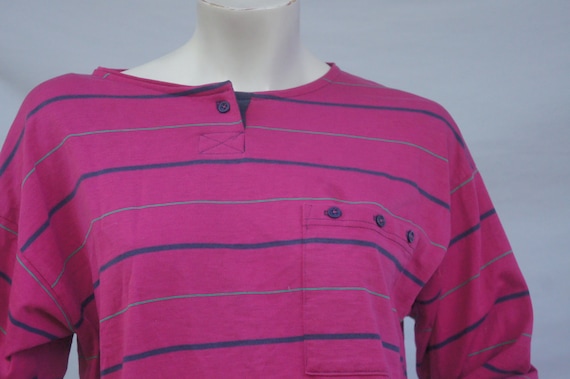 Vintage 90s Hot Pink Striped Henley Top Slouchy Long Sleeve
