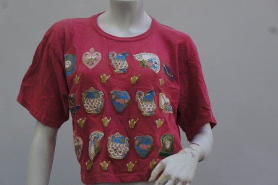 Vintage 90s Cropped Pink Teapot Print T-shirt Gra… - image 3