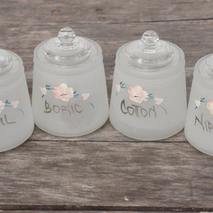 Vintage 30s Floral Frosted Glass Vanity Jars Apothecary Jars Shabby Chic Cottagecore Grannycore Collectibles Gift Home Decor