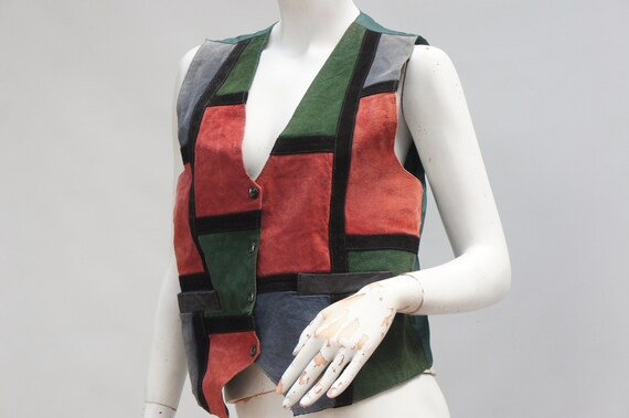 Vintage 80s Colorblock Suede Leather Vest By Nort… - image 8