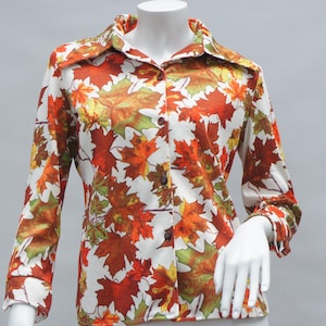 Vintage 70s Knit Maple Leaf Print Blouse Shirt Fall Leaves Retro Boho Hippie Grannycore