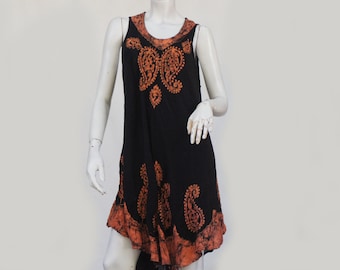 Vintage Embroidered Batik Paisley Print Indian Dress Boho Hippie