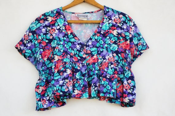 Vintage 80s-90s Cropped Floral Babydoll Ruffle Bl… - image 1