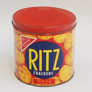 Vintage 70s Ritz Crackers Tin Canister Farmhouse Kitchen Cottagecore Advertisement Collectible Home Decor Retro