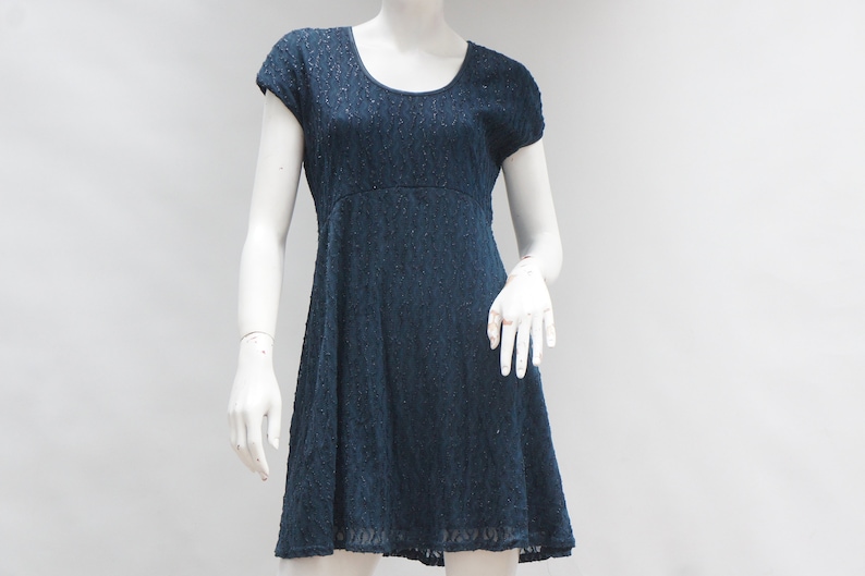 Vintage 90s All That Jazz Blue Knit Glitter Lace Skater Dress