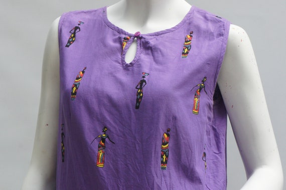 Vintage 80s Purple Dress With Tribal African Prin… - image 3
