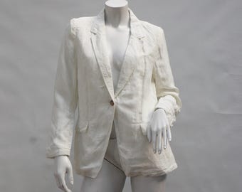 Halston Women's White Linen Blend Blazer Size US M High Fashion Summer