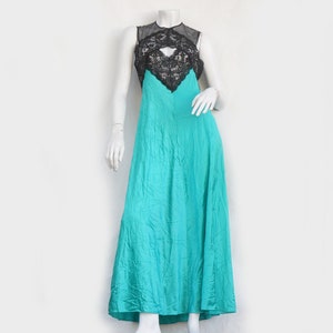 Vintage 70s Teal With Black Lace Trim Maxi Nightgown By Kayser Negligee Slip Dress Lingerie
