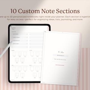 以下が含まれることがあります： 「10 Custom Note Sections」のテキストが表示されたプランナーインターフェースのデジタルタブレット。白いスタイラスがタブレットの上にあります。「Creative Projects」というテキストのノートがタブレットの隣にあります。