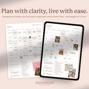 以下が含まれることがあります： タブレットと印刷されたカレンダーに表示されたデジタルプランナー。「Plan with clarity, live with ease」と書かれています。プランナーは、集中し、整理し、ストレスフリーに保つように設計されています。配色スキームはソフトピンクと白です。