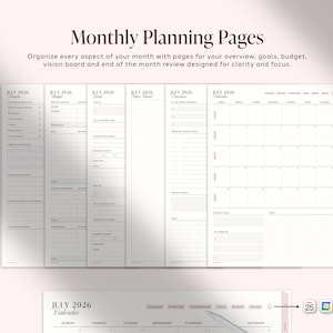 May include: A set of digital monthly planning pages for July 2026, featuring sections for review, budget, goals, vision board, overview, and a calendar. The layout includes black text on white pages with organized columns, checkboxes, and grids.