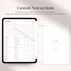 May include: A digital tablet displaying a Note Index and Templates page with a stylus resting on the screen. Beside the tablet are stacked digital planner pages, including a Daily Plan sheet, featuring clean lines, text, and grid layouts.