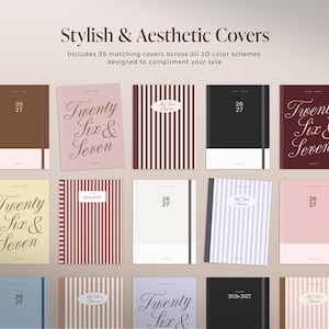 May include: A collection of fifteen planner covers featuring various designs including solid colors, vertical stripes, and color-blocked patterns. The text on the covers includes Twenty Six & Seven, 26 27, 2026/2027, and Mid Year Planner. The overall layout is grid-based.