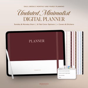 May include: A digital planner displayed on a tablet screen with a stylus, featuring text that reads: DAILY, WEEKLY, MONTHLY AND YEARLY PLANNING, Undated Minimalist DIGITAL PLANNER, Sunday & Monday Start | 8 Tab Colour Options | + Covers & Stickers.
