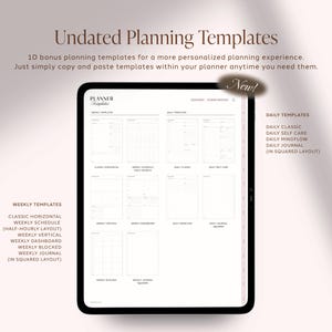 Pu&ograve; includere: Un tablet digitale che mostra modelli di pianificazione senza data con testo che include Undated Planning Templates, 10 bonus planning templates, Weekly Templates e Daily Templates. Lo schermo mostra vari layout come classic horizontal, weekly schedule e daily journal.