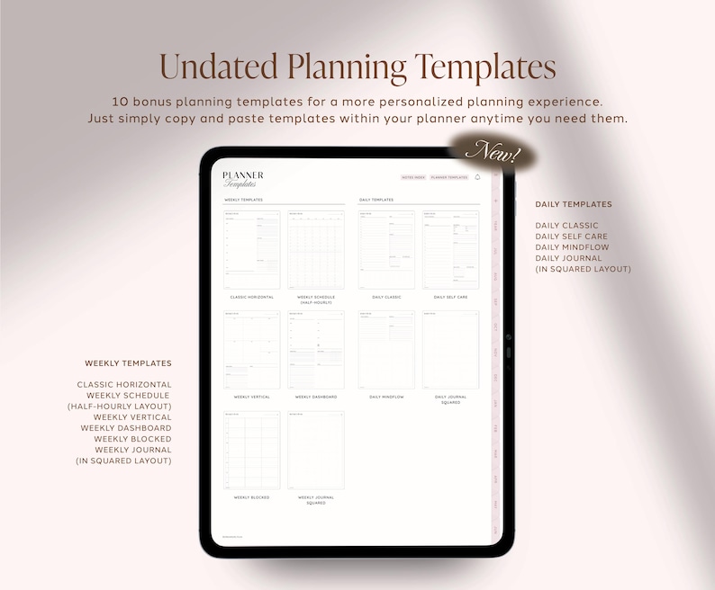 Pu&ograve; includere: Un tablet digitale che mostra modelli di pianificazione senza data con testo che include Undated Planning Templates, 10 bonus planning templates, Weekly Templates e Daily Templates. Lo schermo mostra vari layout come classic horizontal, weekly schedule e daily journal.