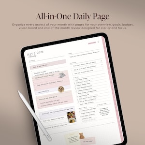 May include: A digital tablet displaying an All-in-One Daily Page planner for July 2, 2026, featuring sections for schedule, priorities, to-do list, meals, water, and self-care, accompanied by a white stylus pen on a neutral background.