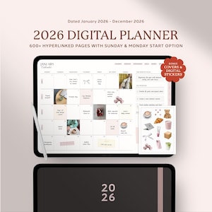 Agenda digital sencilla 2026, Agenda Goodnotes para iPad, Agenda apaisada, Plantilla de agenda mensual, semanal y diaria, Agenda minimalista con fechas