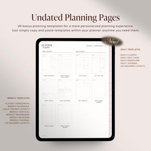 May include: A digital tablet displaying undated planning pages with various templates. The screen shows a grid of weekly and daily layouts including classic, schedule, self-care, mindflow, and journal options with text labels for each specific page design.