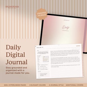 Peut inclure: Un journal numérique quotidien avec un fond dégradé rose et blanc. Le journal est non daté et comprend une section pour les entrées quotidiennes, les soins personnels, l'humeur, l'énergie, le sommeil, l'eau, le petit-déjeuner, le déjeuner, le dîner, les collations, la gratitude et la tenue d'un journal. Le texte "Daily Digital Journal" est en police brune et le texte "Restez ancré et organisé avec un journal fait pour vous." est en police brune plus petite. Le texte "300+ pages hyperliées", "3 couleurs élégantes", "4 styles de journal" et "Couvre-livres supplémentaires" est en police brune en bas de l'image.