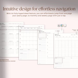 Pu&ograve; includere: Un'interfaccia di pianificatore digitale con quattro pagine sovrapposte con testo nero su sfondo bianco. Il testo recita Intuitive design for effortless navigation, 2026-2027, July 2026, Week 27, June 29 to July 5, Previous Week e Next Week.