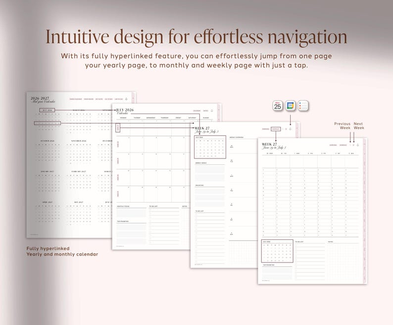 Pu&ograve; includere: Un'interfaccia di pianificatore digitale con quattro pagine sovrapposte con testo nero su sfondo bianco. Il testo recita Intuitive design for effortless navigation, 2026-2027, July 2026, Week 27, June 29 to July 5, Previous Week e Next Week.