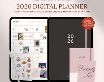 Prosty cyfrowy planer 2026, planer Goodnotes, planer portretowy, planer z hiperlinkami na iPada, kalendarz miesięczny, tygodniowy i dzienny z datą