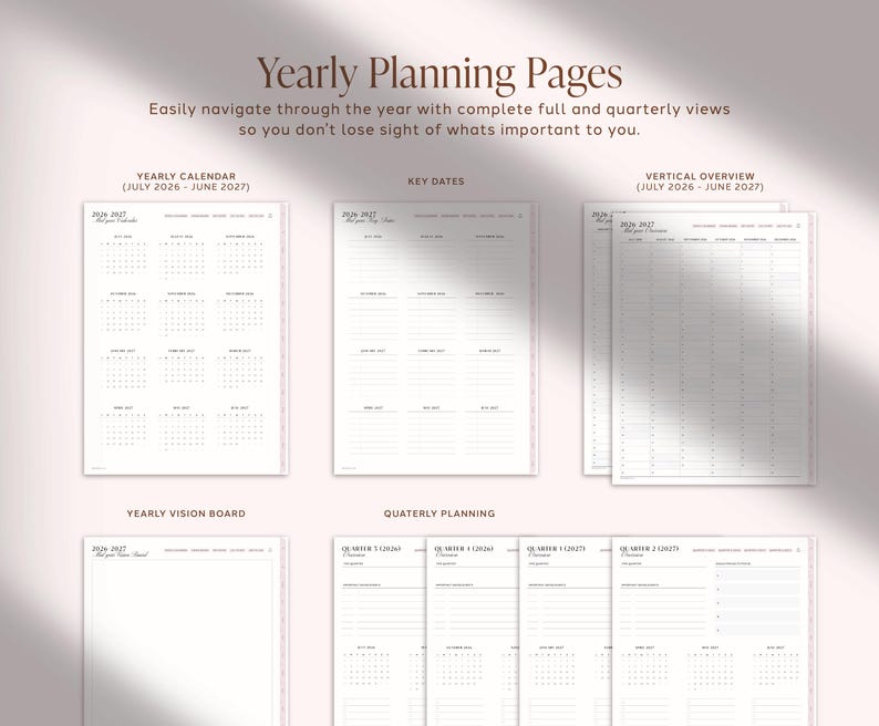 Pu&ograve; includere: Pagine di pianificazione annuale con un calendario annuale da luglio 2026 a giugno 2027, date chiave, una panoramica verticale, una vision board annuale e fogli di pianificazione trimestrale. Le pagine bianche mostrano testo e griglie neri.