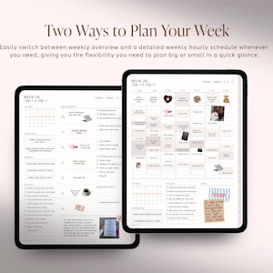 Pu&ograve; includere: Due tablet digitali che mostrano un'interfaccia di pianificazione settimanale con il testo Two Ways to Plan Your Week. Gli schermi presentano una panoramica settimanale e un programma orario dettagliato per la settimana 28, dal 6 al 12 luglio.