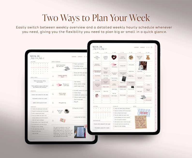 Pu&ograve; includere: Due tablet digitali che mostrano un'interfaccia di pianificazione settimanale con il testo Two Ways to Plan Your Week. Gli schermi presentano una panoramica settimanale e un programma orario dettagliato per la settimana 28, dal 6 al 12 luglio.