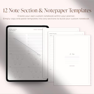 Pu&ograve; includere: Un tablet digitale che mostra una pagina di indice delle note e modelli con uno stilo appoggiato sullo schermo, insieme a tre modelli di carta da lettere digitale impilati con un piano giornaliero e sezioni numerate in bianco e nero.