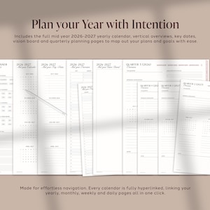 May include: A digital planner layout featuring multiple pages with the text Plan your Year with Intention, 2026-2027 yearly calendar, key dates, vision board, and quarterly planning pages. The white pages include black text and grid lines.