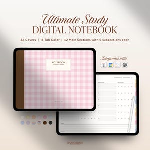 Könnte beinhalten: Ein digitales Studiennotizbuch auf zwei Tablets mit einem rosa karierten Einband, einem braunen Buchrücken und einem Layout mit 12 Hauptabschnitten und 5 Unterabschnitten. Text: Ultimate Study DIGITAL NOTEBOOK und Integrated with.