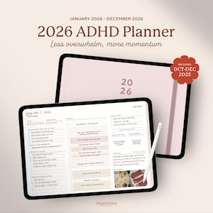 May include: A digital planner for 2026, designed for ADHD, with the text "2026 ADHD Planner" and "Less overwhelm, more momentum." The planner includes the months of January to December 2026 and October to December 2025. A white stylus rests on the screen.