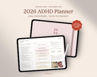 May include: A digital planner for 2026, designed for ADHD, with the text "2026 ADHD Planner" and "Less overwhelm, more momentum." The planner includes the months of January to December 2026 and October to December 2025. A white stylus rests on the screen.
