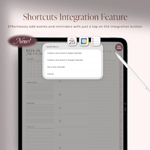 Pu&ograve; includere: Un'interfaccia di pianificazione digitale su uno schermo di tablet che mostra un menu per la funzione di integrazione delle scorciatoie. Le opzioni includono la creazione di eventi in Apple o Google Calendar e l'impostazione di promemoria. Uno stilo bianco &egrave; appoggiato.