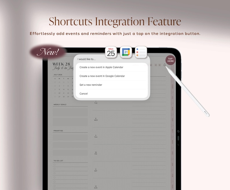 Pu&ograve; includere: Un'interfaccia di pianificazione digitale su uno schermo di tablet che mostra un menu per la funzione di integrazione delle scorciatoie. Le opzioni includono la creazione di eventi in Apple o Google Calendar e l'impostazione di promemoria. Uno stilo bianco &egrave; appoggiato.
