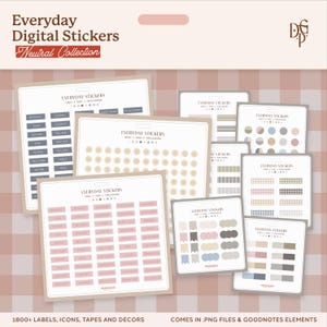 May include: A selection of digital stickers labelled "Everyday Digital Stickers Neutral Collection." The stickers feature labels, icons, tapes, and decor elements in different shapes and colours. The image also includes the text "1800+ LABELS, ICONS, TAPES AND DECORS" and "COMES IN .PNG FILES & GOODNOTES ELEMENTS."