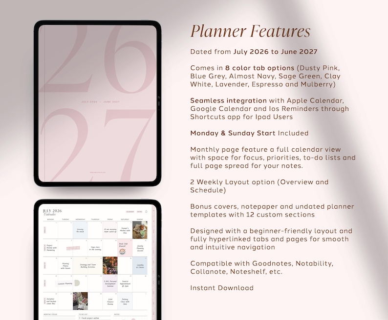 Pu&ograve; includere: Un'agenda digitale visualizzata su due tablet, con una copertina rosa con il testo 26 27 e una vista del calendario mensile. Il testo elenca le caratteristiche, tra cui le date da luglio 2026 a giugno 2027 e otto opzioni di schede colorate.